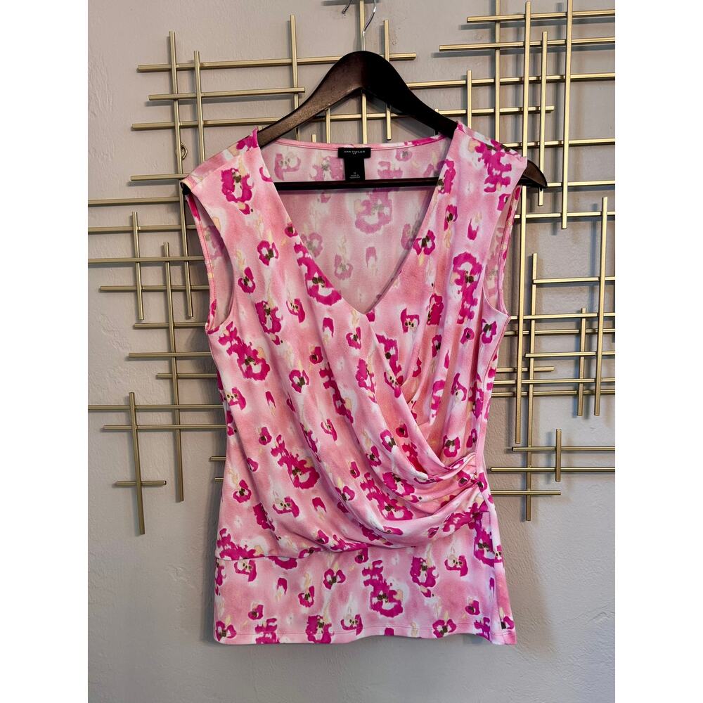 Ann Taylor Pink Floral Draped Blouse Medium Sleeveless Top